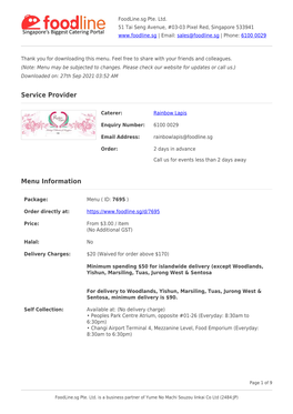 Service Provider Menu Information Food Items