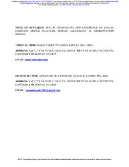 Sexual Behaviours and Experience of Sexual Coercion Among In-School Female Adolescent in Southwestern Nigeria