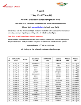 CARES Air India Evacuation Schedule Flights Arrival Into India Ex Foreign Stations