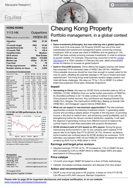 Cheung Kong Property 1113 HK Outperform Portfolio Management, in a Global Context Price (At 08:09, 12 Aug 2016 GMT) HK$54.85