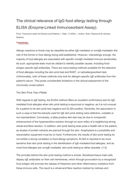 The Clinical Relevance of Igg Food Allergy Testing Through ELISA (Enzyme-Linked Immunosorbent Assay)