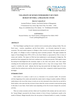 Volatility of Sensex with Respect of Union Budget of India: a Pragmatic Study