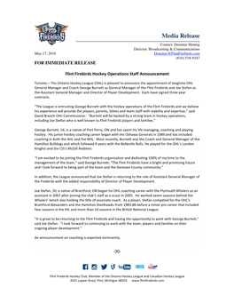 Media Release Contact: Dominic Hennig Director, Broadcasting & Communications May 17, 2016 Dominic@Flintfirebirds.Com (810) 519-9347 for IMMEDIATE RELEASE