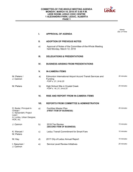 Committee-Of-The-Whole Meeting Agenda Monday, March 19, 2018 at 5:00 P.M