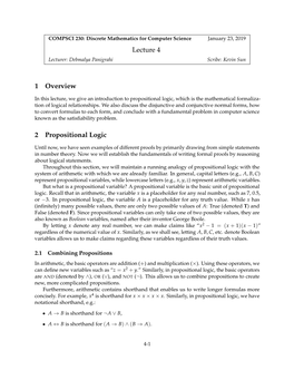 Lecture 4 1 Overview 2 Propositional Logic