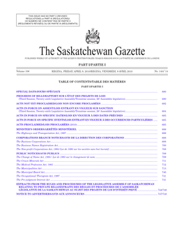 Sask Gazette, Part I, April 9, 2010