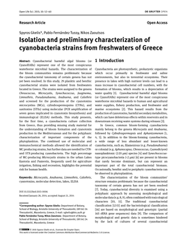 Isolation and Preliminary Characterization of Cyanobacteria Strains from Freshwaters of Greece