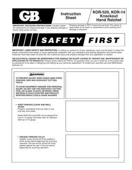 Instruction Sheet KOR-520, KOR-14 Knockout Hand Ratchet