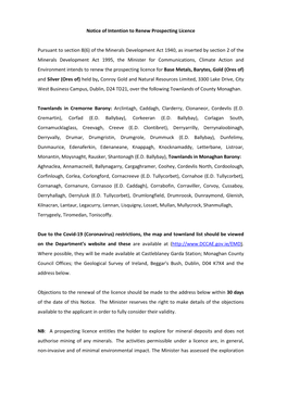 Notice of Intention to Renew Prospecting Licence Pursuant to Section 8(6) of the Minerals Development Act 1940, As Inserted by S