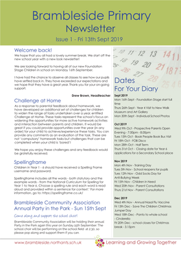 Brambleside Primary School Newsletter Issue 1 - Fri 13Th Sept 2019