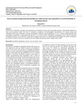 Socio Economic Background and Monthly Per Capita Income and Expenditure of Rural Households of Fatehabad District