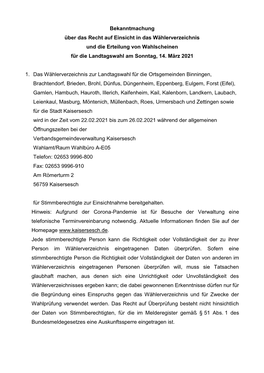 Bekanntmachung Über Das Recht Auf Einsicht in Das Wählerverzeichnis Und Die Erteilung Von Wahlscheinen Für Die Landtagswahl Am Sonntag, 14