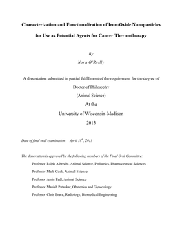 Characterization and Functionalization of Iron-Oxide Nanoparticles for Use As Potential Agents for Cancer Thermotherapy at the U