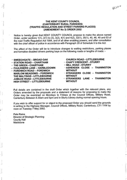 THE KENT COUNTY COUNCIL (CANTERBURY RURAL PARISHES) (TRAFFIC REGULATION and STREET PARKING PLACES) (AMENDMENT No 3) ORDER 2002