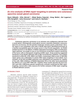 Ex Vivo Analysis of DNA Repair Targeting in Extreme Rare Cutaneous Apocrine Sweat Gland Carcinoma