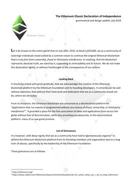 The Ethereum Classic Declaration of Independence Grammatical and Design Update: July 2019
