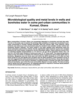 Microbiological Quality and Metal Levels in Wells and Boreholes Water in Some Peri-Urban Communities in Kumasi, Ghana