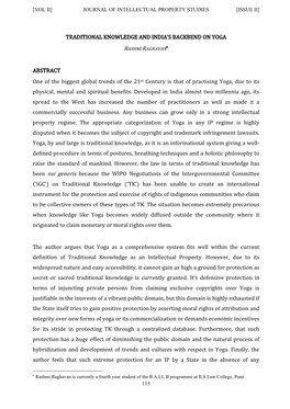 TRADITIONAL KNOWLEDGE and INDIA's BACKBEND on YOGA ABSTRACT One of the Biggest Global Trends of the 21St Century Is That of Pr