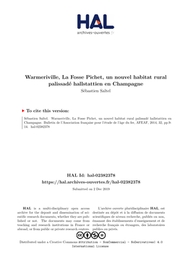 Warmeriville, La Fosse Pichet, Un Nouvel Habitat Rural Palissadé Hallstattien En Champagne Sébastien Saltel