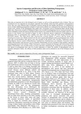 Species Composition and Diversity of Mites Inhabiting Pomegranate Orchards at Assiut, Upper Egypt Abdelgayed*, S