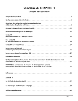 Sommaire Du CHAPITRE 1 L'origine De L'agriculture