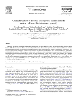 Characterization of Bacillus Thuringiensis Isolates Toxic to Cotton Boll Weevil (Anthonomus Grandis)