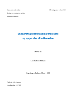 Skatteretlig Kvalifikation Af Musikere Skatteretlig Kvalifikation Af Musikere
