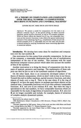 On a Theory of Computation and Complexity Over the Real Numbers: Np-Completeness, Recursive Functions and Universal Machines1