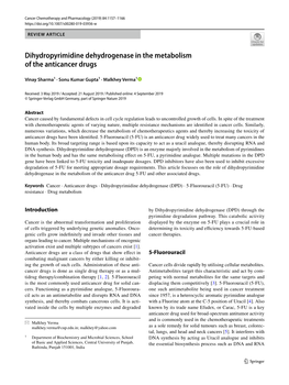 Dihydropyrimidine Dehydrogenase in the Metabolism of the Anticancer Drugs