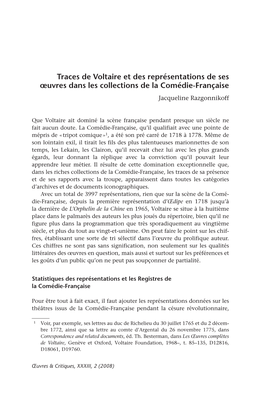 Traces De Voltaire Et Des Représentations De Ses Œuvres Dans Les Collections De La Comédie-Française Jacqueline Razgonnikoff