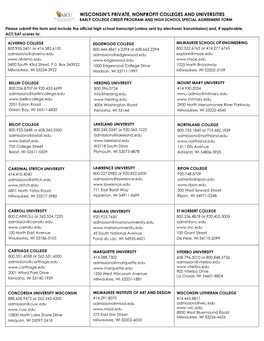 Wisconsin's Private, Nonprofit Colleges and Universities Early College Credit Program and High School Special Agreement Form