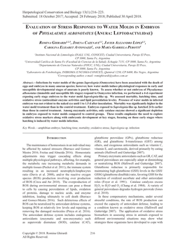 Evaluation of Stress Responses to Water Molds in Embryos of Physalaemus Albonotatus (Anura: Leptodactylidae)