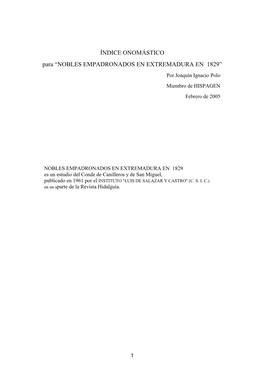 NOBLES EMPADRONADOS EN EXTREMADURA EN 1829” Por Joaquín Ignacio Polo Miembro De HISPAGEN Febrero De 2005