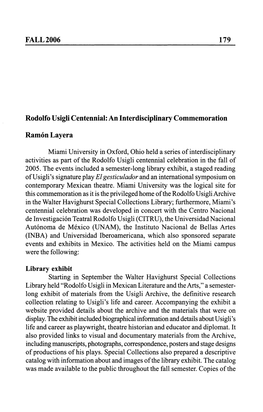 FALL 2006 179 Rodolfo Usigli Centennial: an Interdisciplinary