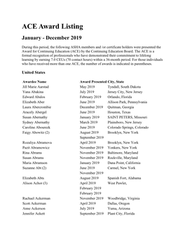 ACE Award Listing January - December 2019