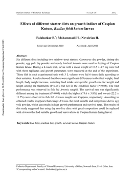 Effects of Different Starter Diets on Growth Indices of Caspian Kutum, Rutilus Frisii Kutum Larvae