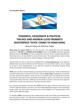 EVITA’ COMES to HONG KONG General Tickets on Sale from Today