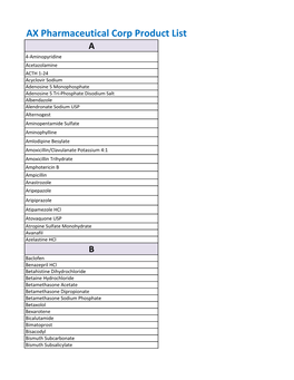 AX Pharmaceutical Corp Product List