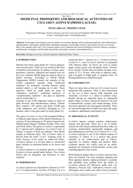 Medicinal Properties and Biological Activities of Cyclamen Alpinum (Primulaceae)