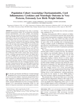 Population Cohort Associating Chorioamnionitis, Cord Inﬂammatory Cytokines and Neurologic Outcome in Very Preterm, Extremely Low Birth Weight Infants