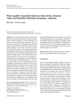 Water Quality of Potential Reference Lakes in the Arkansas Valley and Ouachita Mountain Ecoregions, Arkansas