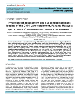 Hydrological Assessment and Suspended Sediment Loading of the Chini Lake Catchment, Pahang, Malaysia