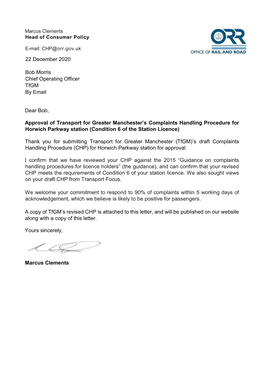 (Tfgm) Complaints Handling Procedure for Horwich Parkway Station