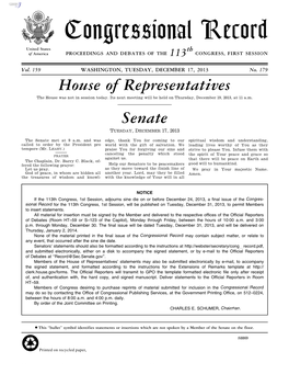 Congressional Record United States Th of America PROCEEDINGS and DEBATES of the 113 CONGRESS, FIRST SESSION