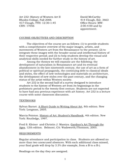 Art 232: History of Western Art II David Mccarthy Rhodes College, Fall 2006 414 Clough, Ext