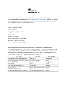 Use the Songs Listed Below to Audition for the Part Specified. We Include Digital Tracks You May Use to Sing Along with on Our W