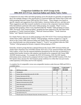 Comparison Guidelines for AIAN Groups in the 2006-2010 ACS 5-Year American Indian and Alaska Native Tables