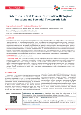 Sclerostin in Oral Tissues: Distribution, Biological Functions and Potential Therapeutic Role