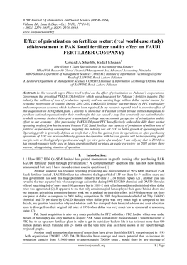 Effect of Privatization on Fertilizer Sector: (Real World Case Study) (Disinvestment in PAK Saudi Fertilizer and Its Effect on FAUJI FERTILIZER COMPANY)