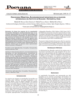 Cercopoidea (Hemiptera, Auchenorrhyncha) Depositados En La Colección Entomológica Del Instituto De Ecología Y Sistemática, Cuba